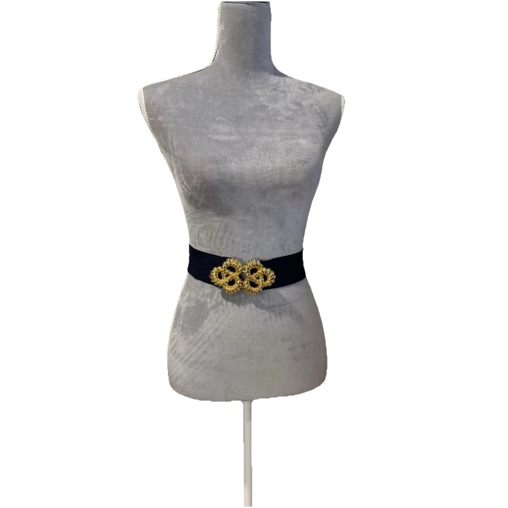 Vintage 80's Karen Scott Stretch Belt Gold Buckle Navy Blue Sz LG Stretch To 36"